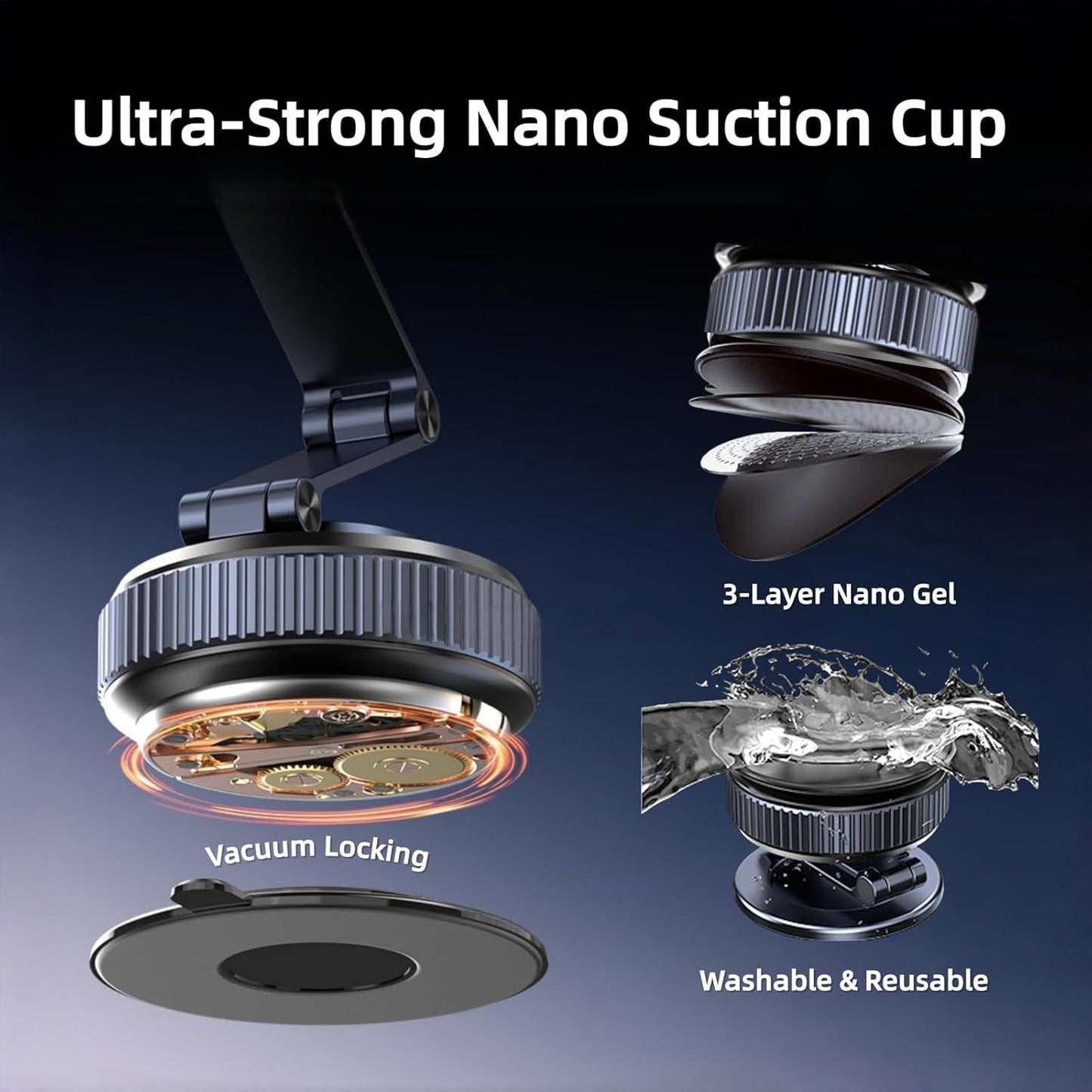 Magnetic car phone holder with suction cup, 360° adjustable folding, made of zinc alloy, suitable for Tesla, iPhone 17, 16, 15, 14, 13, and 12 series.