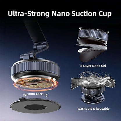 Magnetic car phone holder with suction cup, 360° adjustable folding, made of zinc alloy, suitable for Tesla, iPhone 17, 16, 15, 14, 13, and 12 series.