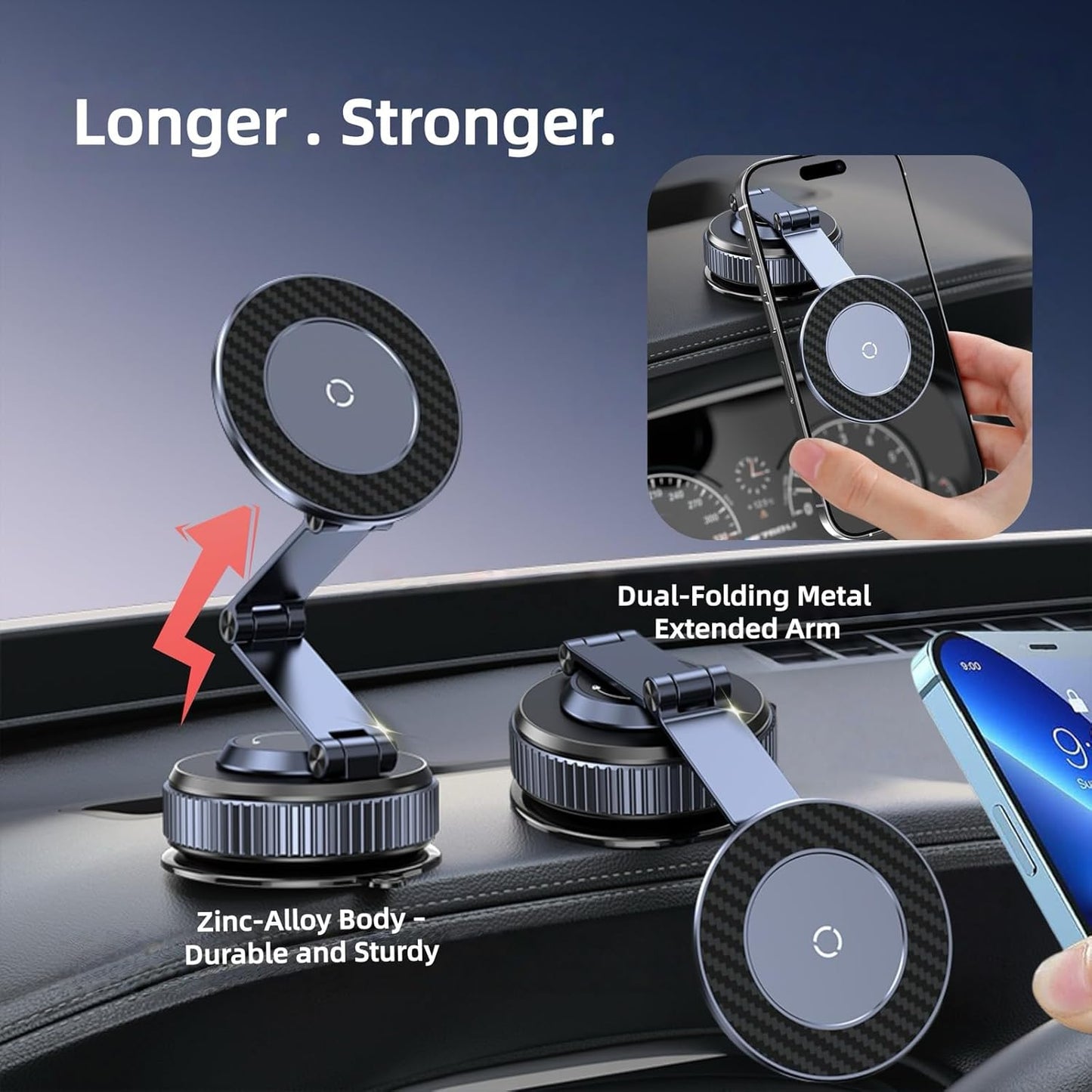 Magnetic car phone holder with suction cup, 360° adjustable folding, made of zinc alloy, suitable for Tesla, iPhone 17, 16, 15, 14, 13, and 12 series.