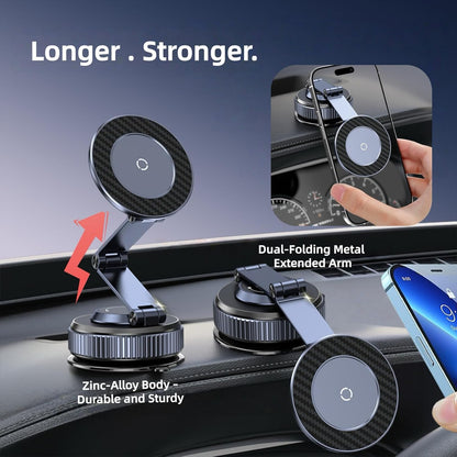 Magnetic car phone holder with suction cup, 360° adjustable folding, made of zinc alloy, suitable for Tesla, iPhone 17, 16, 15, 14, 13, and 12 series.