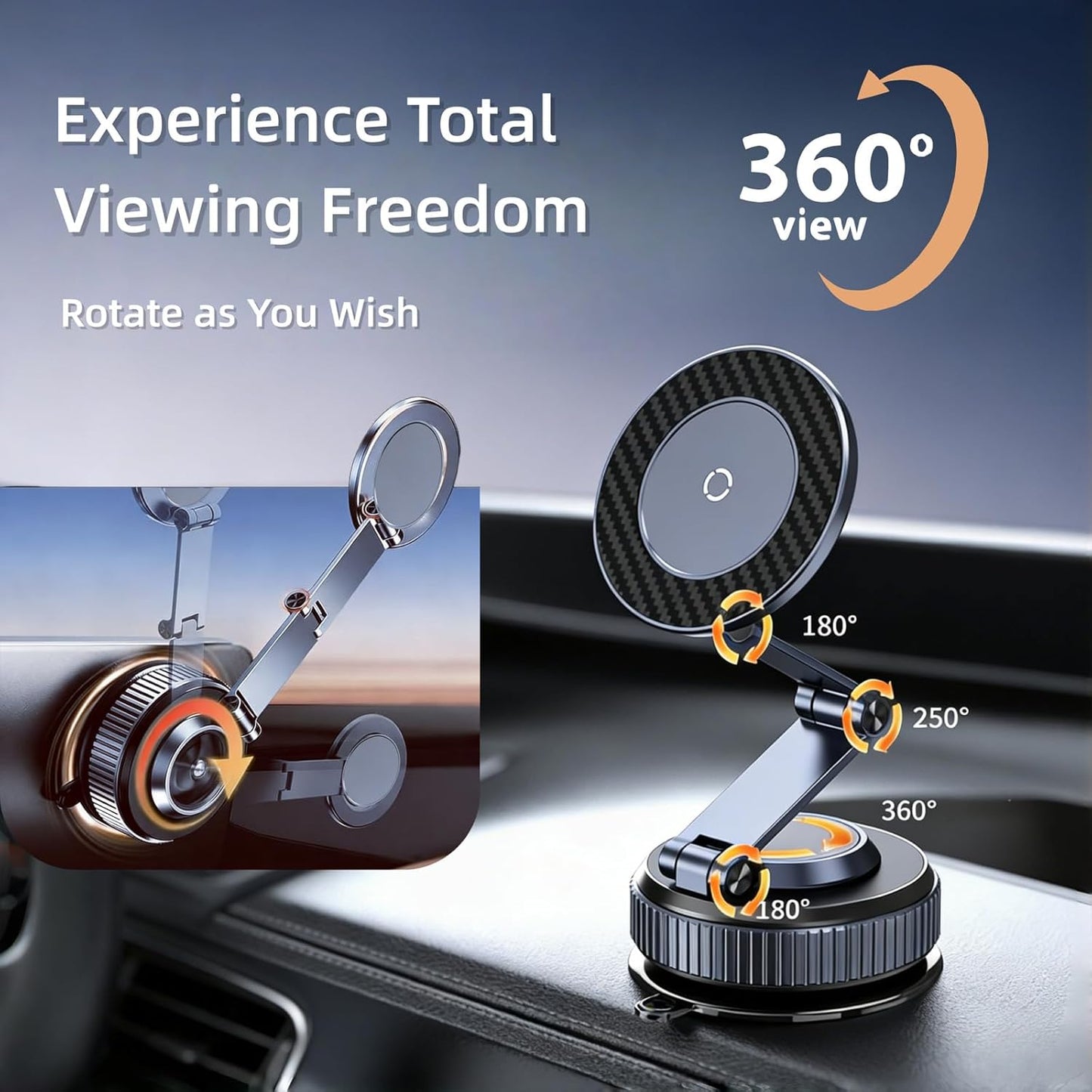 Magnetic car phone holder with suction cup, 360° adjustable folding, made of zinc alloy, suitable for Tesla, iPhone 17, 16, 15, 14, 13, and 12 series.