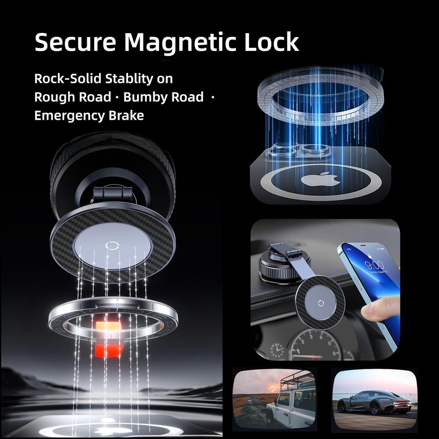 Magnetic car phone holder with suction cup, 360° adjustable folding, made of zinc alloy, suitable for Tesla, iPhone 17, 16, 15, 14, 13, and 12 series.