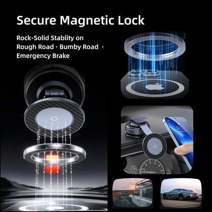 Magnetic car phone holder with suction cup, 360° adjustable folding, made of zinc alloy, suitable for Tesla, iPhone 17, 16, 15, 14, 13, and 12 series.
