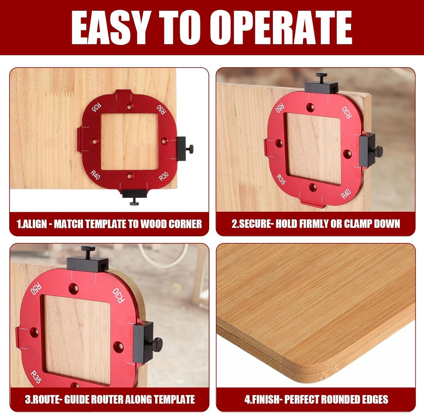 🛠️🛠️2 Pcs Router Corner Radius Template R10/R15/R20/R25/ R30/R35/R40/R50, Aluminum Router Corner Rounding Jig for Woodworking, 4-in-1 Arc Cutting Guide Set for Trim, Handheld, and Table Routers