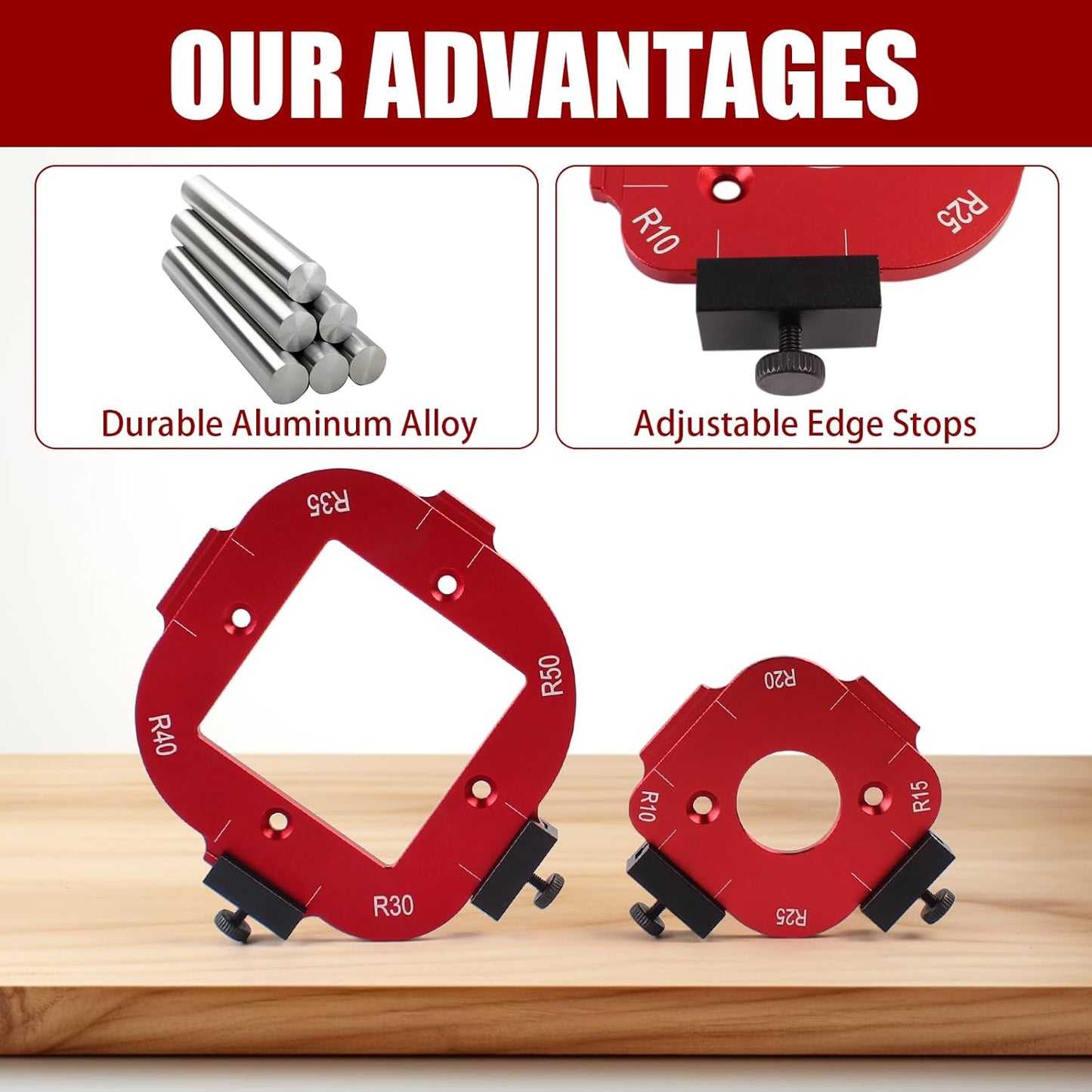 🛠️🛠️2 Pcs Router Corner Radius Template R10/R15/R20/R25/ R30/R35/R40/R50, Aluminum Router Corner Rounding Jig for Woodworking, 4-in-1 Arc Cutting Guide Set for Trim, Handheld, and Table Routers
