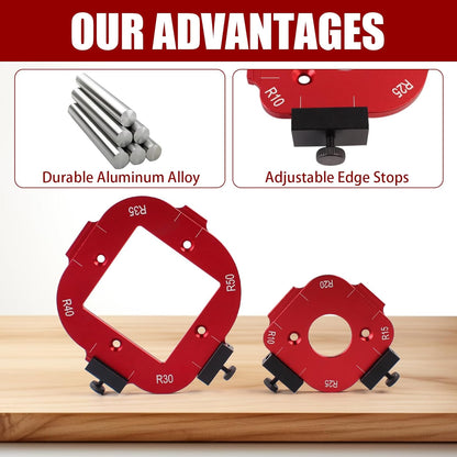 🛠️🛠️2 Pcs Router Corner Radius Template R10/R15/R20/R25/ R30/R35/R40/R50, Aluminum Router Corner Rounding Jig for Woodworking, 4-in-1 Arc Cutting Guide Set for Trim, Handheld, and Table Routers