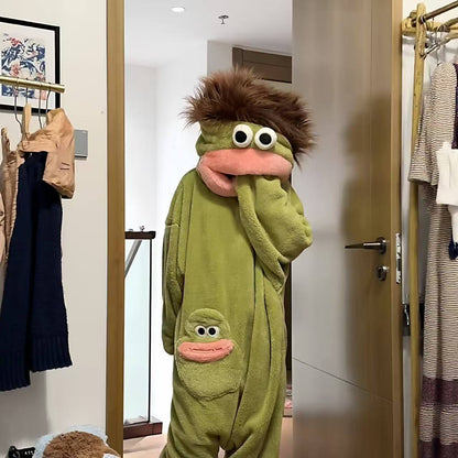 Cozy Oversized Hooded Flannel Robe Soft Plush Long Sleepwear Cute Monster Design Home Wear with Shoes and Comb