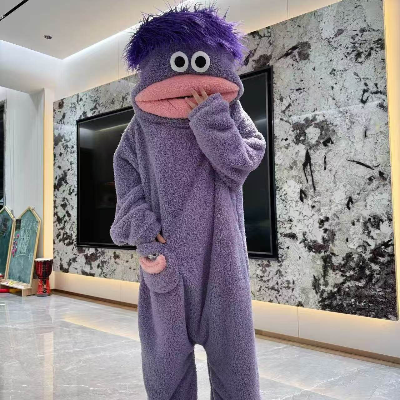 Cozy Oversized Hooded Flannel Robe Soft Plush Long Sleepwear Cute Monster Design Home Wear with Shoes and Comb