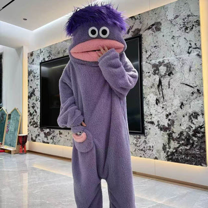 Cozy Oversized Hooded Flannel Robe Soft Plush Long Sleepwear Cute Monster Design Home Wear with Shoes and Comb
