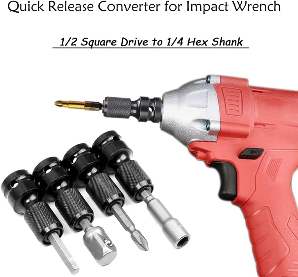 2PCS 1/2 inch Square Drive to 1/4 inch Hex Female Socket Adapter Converter Chuck Adaptor for Air and Electric Impact Wrench Impact Drill Ratchet Wrench