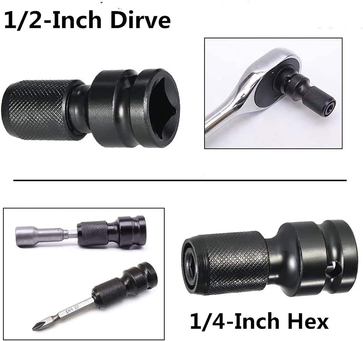 2PCS 1/2 inch Square Drive to 1/4 inch Hex Female Socket Adapter Converter Chuck Adaptor for Air and Electric Impact Wrench Impact Drill Ratchet Wrench