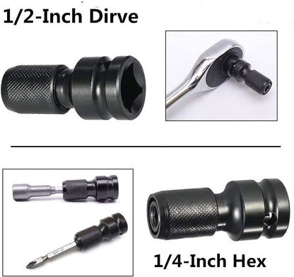 2PCS 1/2 inch Square Drive to 1/4 inch Hex Female Socket Adapter Converter Chuck Adaptor for Air and Electric Impact Wrench Impact Drill Ratchet Wrench