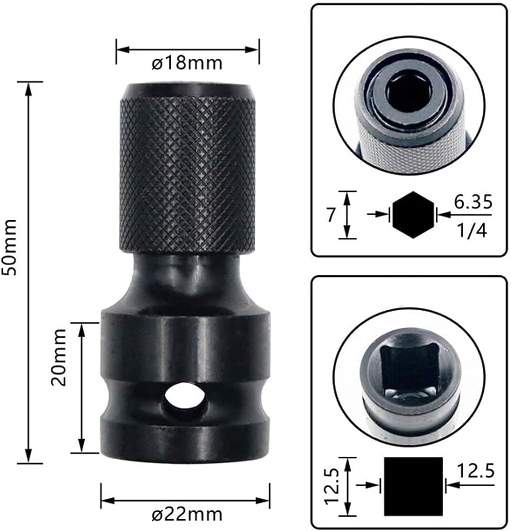 2PCS 1/2 inch Square Drive to 1/4 inch Hex Female Socket Adapter Converter Chuck Adaptor for Air and Electric Impact Wrench Impact Drill Ratchet Wrench