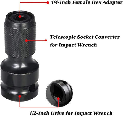 2PCS 1/2 inch Square Drive to 1/4 inch Hex Female Socket Adapter Converter Chuck Adaptor for Air and Electric Impact Wrench Impact Drill Ratchet Wrench