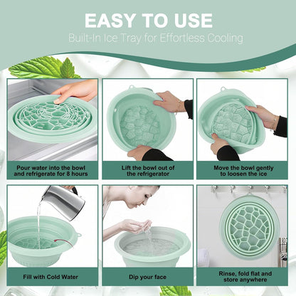 🧊🧊Face Bowl for Ice with Built-in Ice Tray – Collapsible Silicone Facial Ice Bath Bowl for Cold Plunge Therapy, Acne Relief & Skin Tightening – Green Home, Camping & Travel Portable Spa Tool