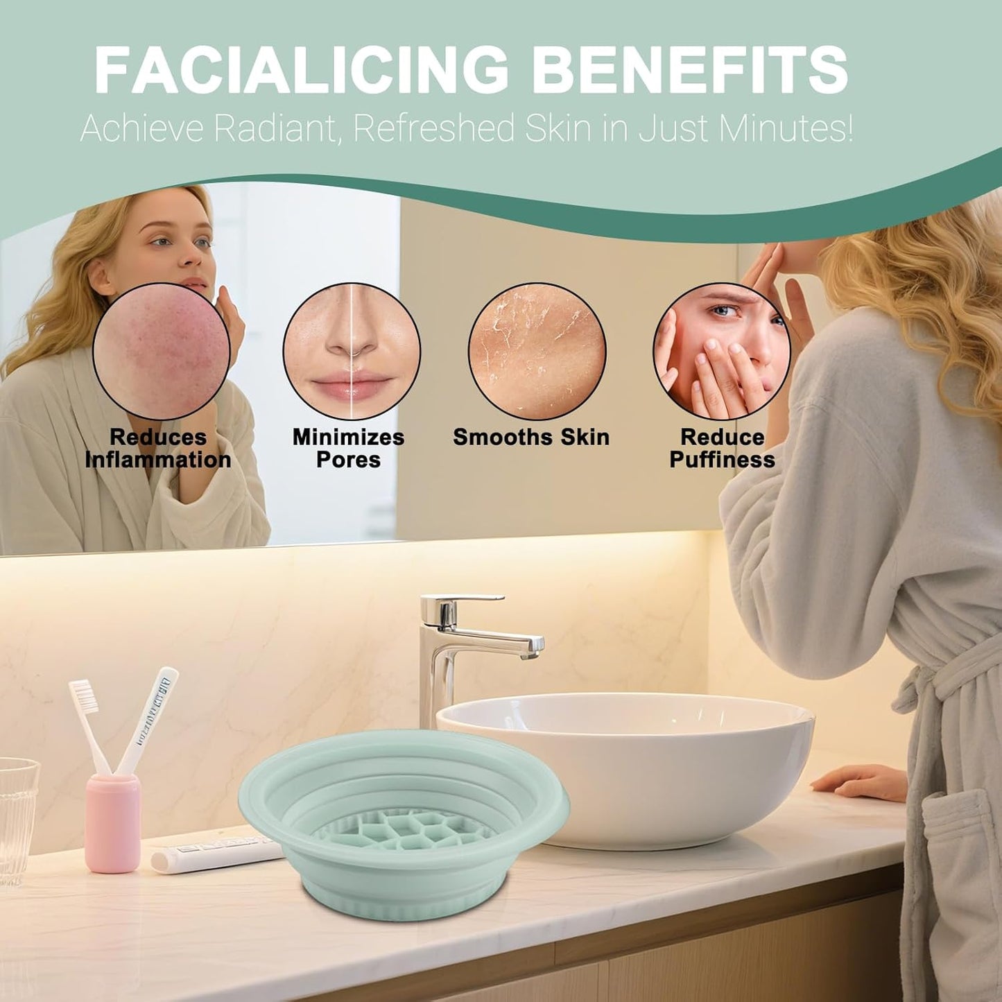 🧊🧊Face Bowl for Ice with Built-in Ice Tray – Collapsible Silicone Facial Ice Bath Bowl for Cold Plunge Therapy, Acne Relief & Skin Tightening – Green Home, Camping & Travel Portable Spa Tool