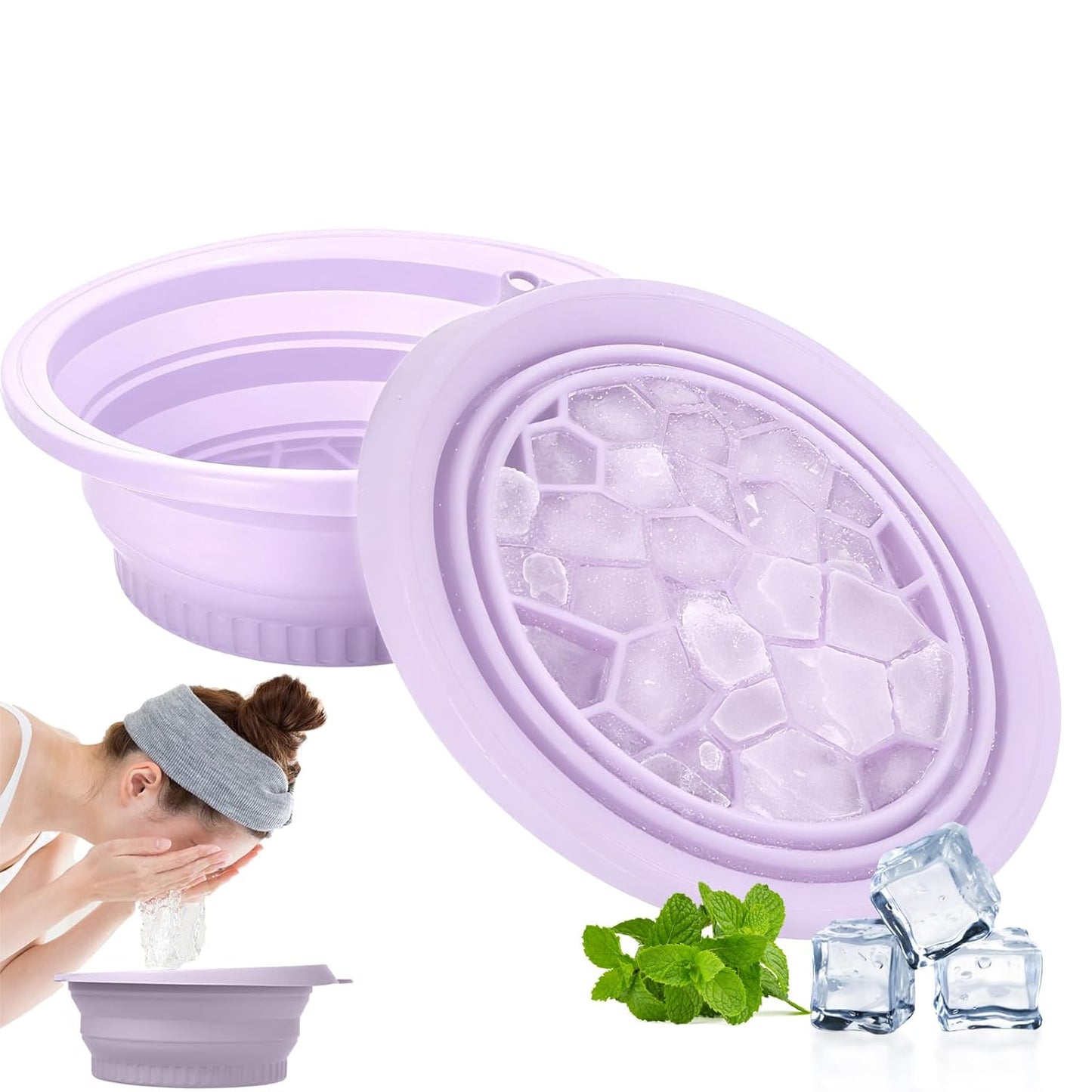 🧊🧊Face Bowl for Ice with Built-in Ice Tray – Collapsible Silicone Facial Ice Bath Bowl for Cold Plunge Therapy, Acne Relief & Skin Tightening – Green Home, Camping & Travel Portable Spa Tool