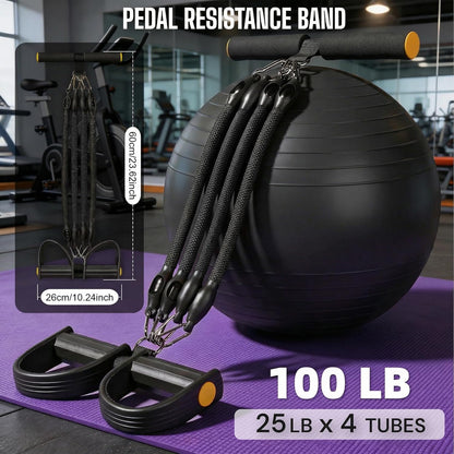 💪Upgrade Pedal Resistance Band, Multifunction Home Gym Workout Equipment with 4x25lbs Tubes for Sit Up & Arm Exercise