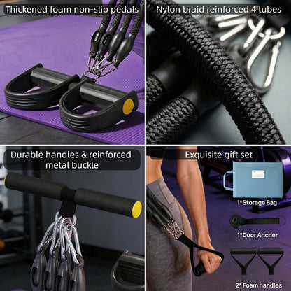 💪Upgrade Pedal Resistance Band, Multifunction Home Gym Workout Equipment with 4x25lbs Tubes for Sit Up & Arm Exercise
