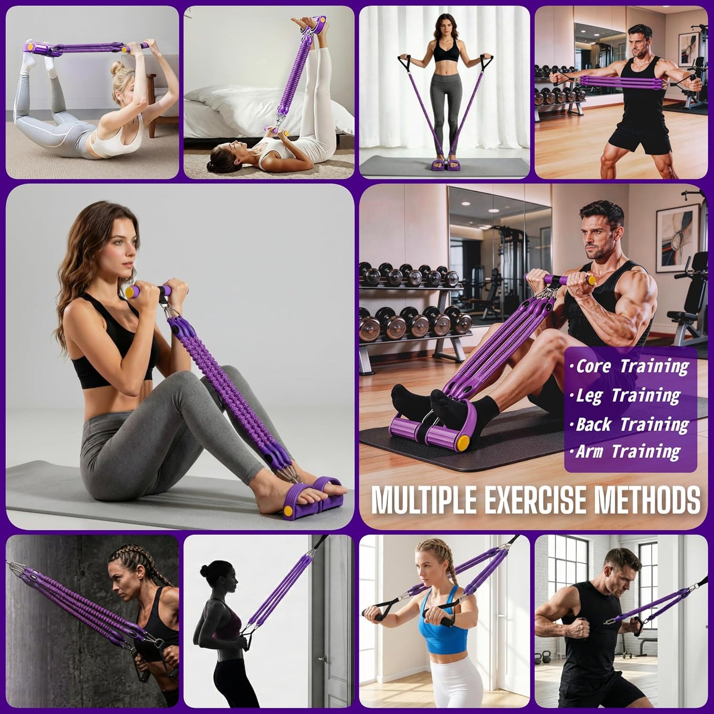 💪Upgrade Pedal Resistance Band, Multifunction Home Gym Workout Equipment with 4x25lbs Tubes for Sit Up & Arm Exercise