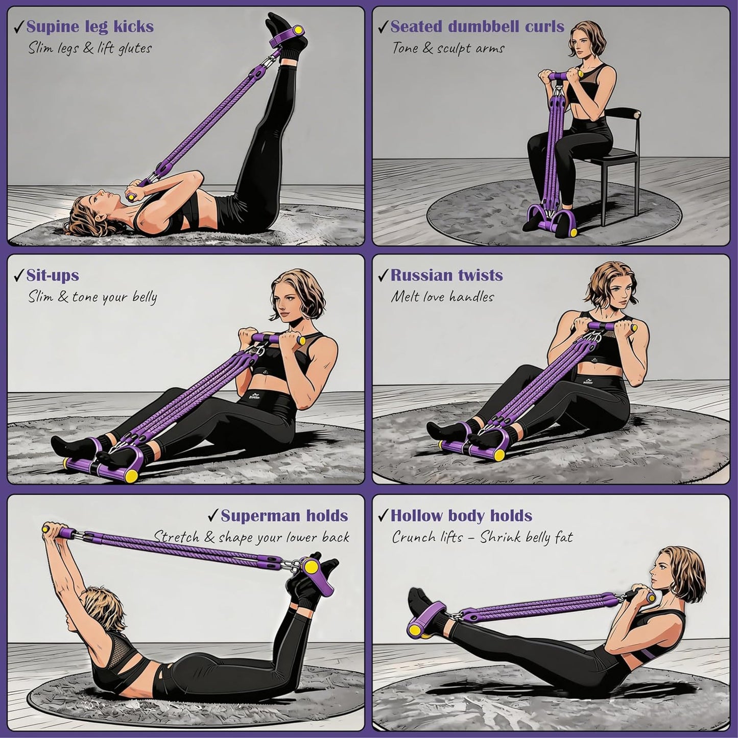 💪Upgrade Pedal Resistance Band, Multifunction Home Gym Workout Equipment with 4x25lbs Tubes for Sit Up & Arm Exercise