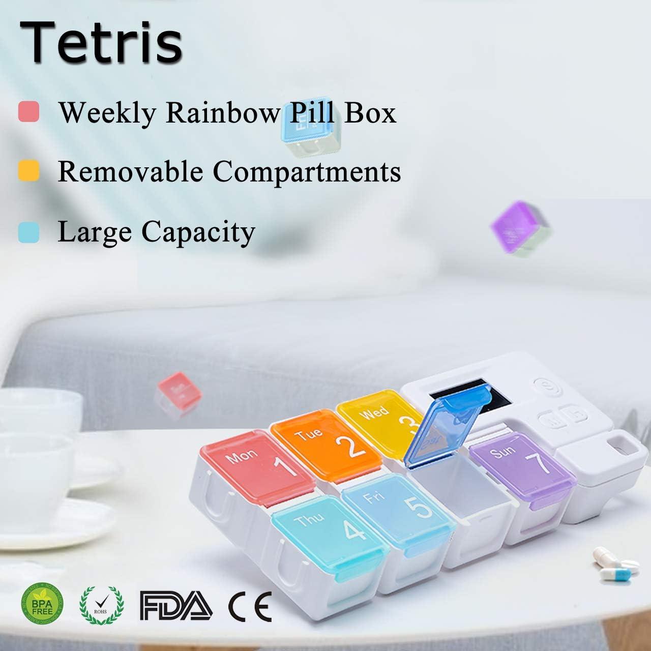 Portable Travel Vitamins Medicine Box Case-7 Days Pill Dispenser Organizer with Reminder Alarm