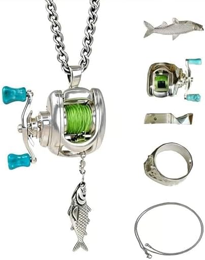 Mini fishing reel necklace, Rotating Handle Spinning Reel Pendant Keychain