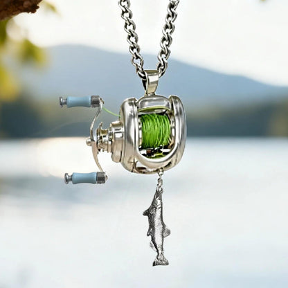 Mini fishing reel necklace, Rotating Handle Spinning Reel Pendant Keychain