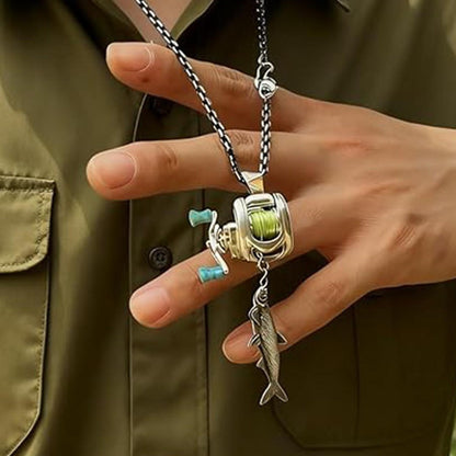 Mini fishing reel necklace, Rotating Handle Spinning Reel Pendant Keychain