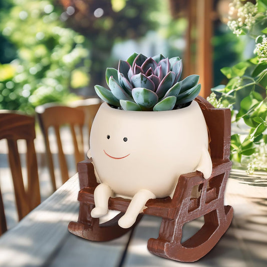 🪴🪴Unique Smiley Face Rocking Sitting Rocking Chair Flower Pot,Resin Chair with Drainage Holes