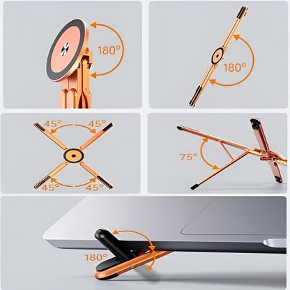 Portable Laptop Stand for Desk, Foldable Adjustable Computer Riser with Magnetic Phone Holder