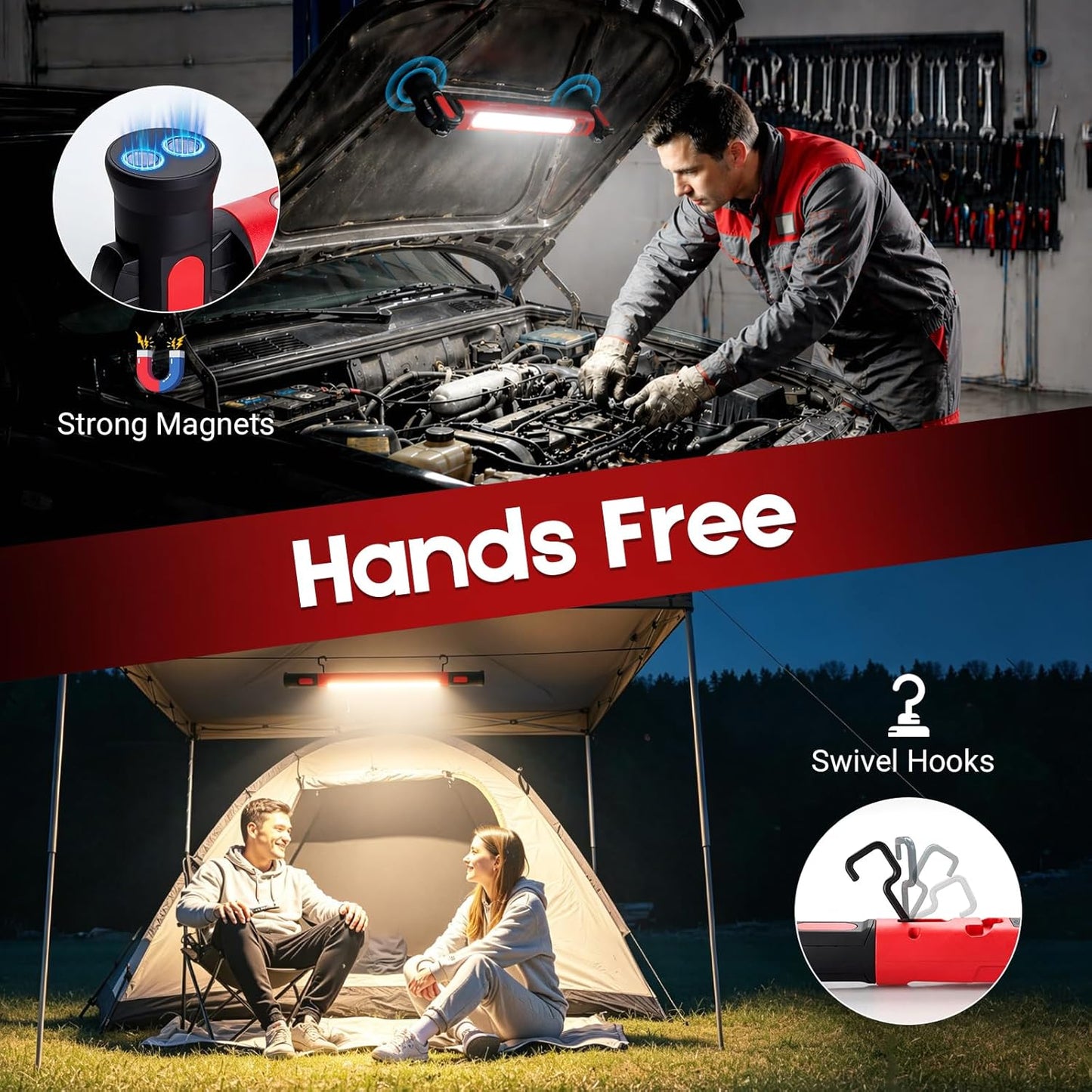 🧲🌟Magnetic Work Light, Portable Under Hood Lights Machanic Tools for Car Repairing, Inspection, Garage, Emergency