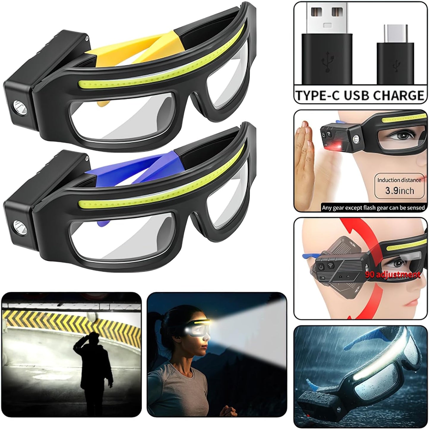 ✨️👓️LED Glasses Rechargeable Headlight with Motion Sensor and Touch Control, 5 KINDSOFLGHT MODES
