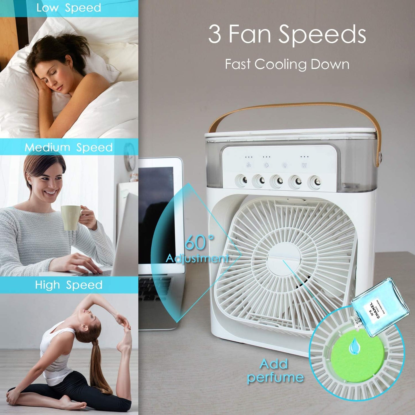 🍃🍃Portable Air Conditioner Fan with 7 Colors LED Light, 1/2/3 H Timer, 3 Wind Speeds and 3 Spray Modes for Your Desk, Nightstand, or Coffee Table