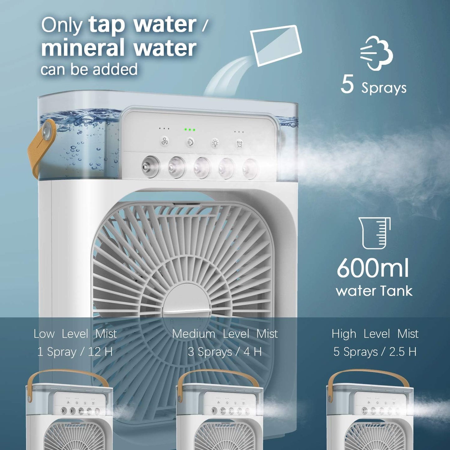 🍃🍃Portable Air Conditioner Fan with 7 Colors LED Light, 1/2/3 H Timer, 3 Wind Speeds and 3 Spray Modes for Your Desk, Nightstand, or Coffee Table