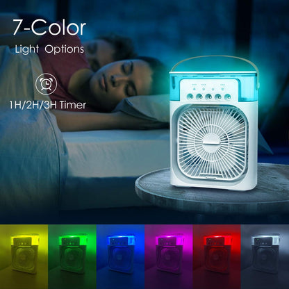 🍃🍃Portable Air Conditioner Fan with 7 Colors LED Light, 1/2/3 H Timer, 3 Wind Speeds and 3 Spray Modes for Your Desk, Nightstand, or Coffee Table