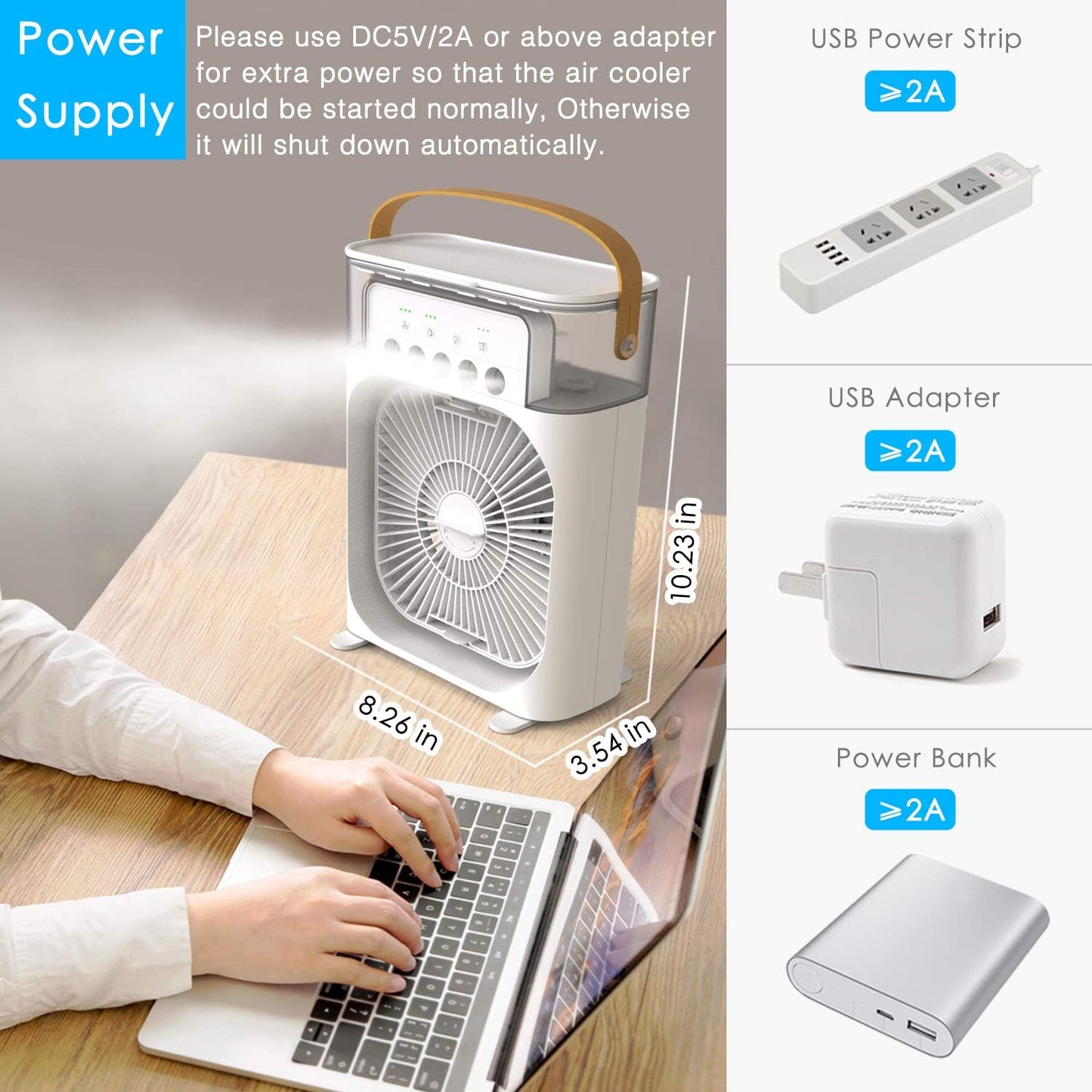 🍃🍃Portable Air Conditioner Fan with 7 Colors LED Light, 1/2/3 H Timer, 3 Wind Speeds and 3 Spray Modes for Your Desk, Nightstand, or Coffee Table