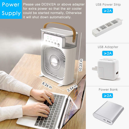 🍃🍃Portable Air Conditioner Fan with 7 Colors LED Light, 1/2/3 H Timer, 3 Wind Speeds and 3 Spray Modes for Your Desk, Nightstand, or Coffee Table