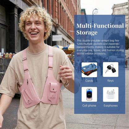 Double Shoulder Armpit Bag, Anti-Theft Underarm Shoulder Holster Bag with Adjustable Strap, Hidden Phone Wallet Pocket