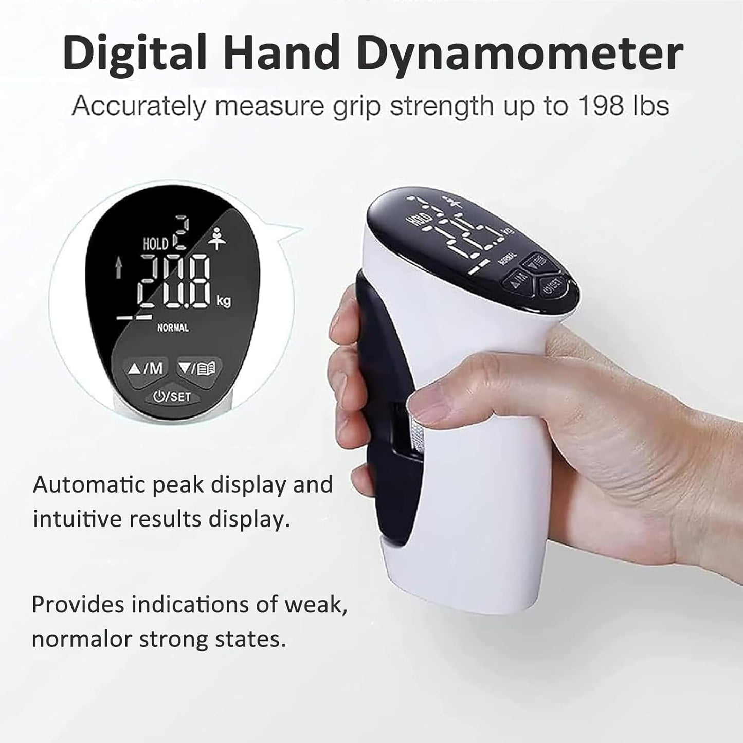 LED Digital Display Hand Dynamometer with Counter, Grip Range 198Lb / 90Kg