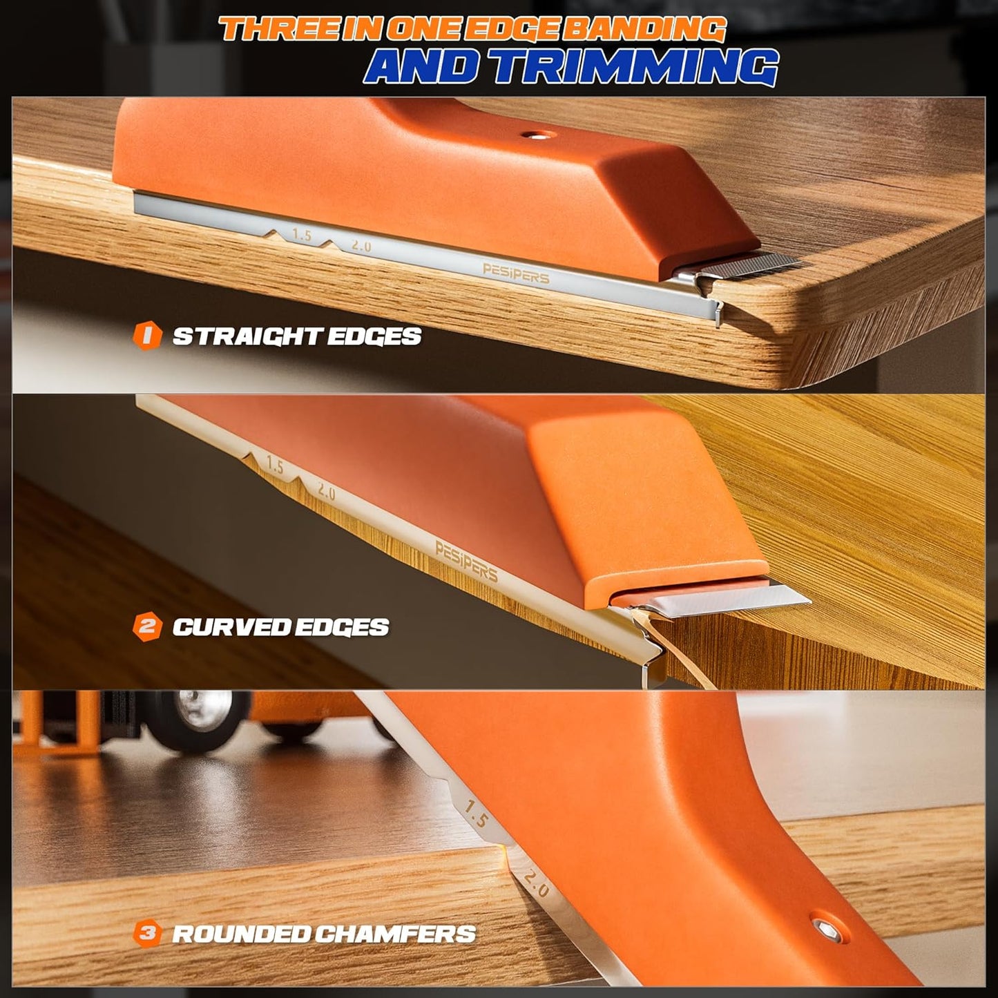 🛠️🛠️3-In-1 Woodworking Tool, Chamfered Surfaces,Edge Banding Trimmer With Sharp Stainless Steel Blades & Ergonomic Grip