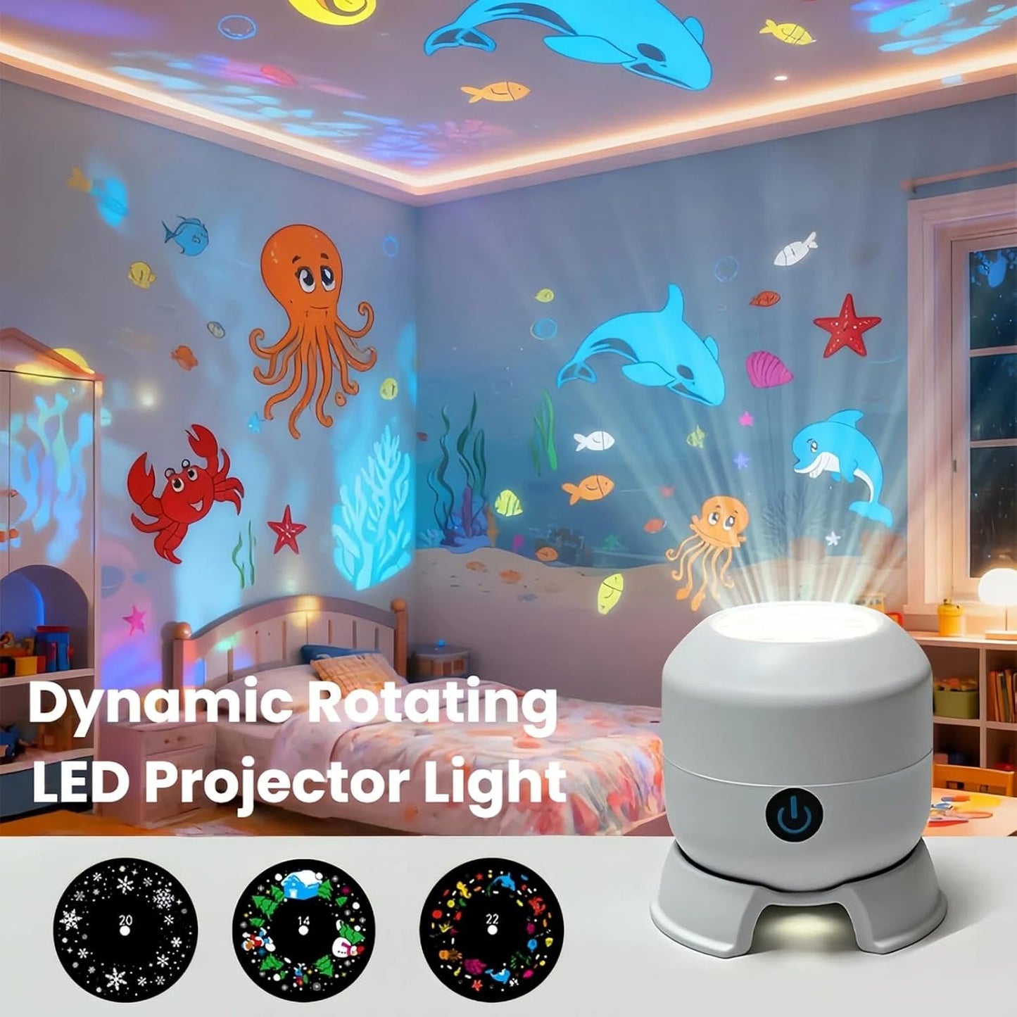 ✨️✨️Dynamic Rotating LED Projector Light, Snowflake/Christmas/Ocean 3 Scene Options, Adjustable Brightness, Unique Base Design