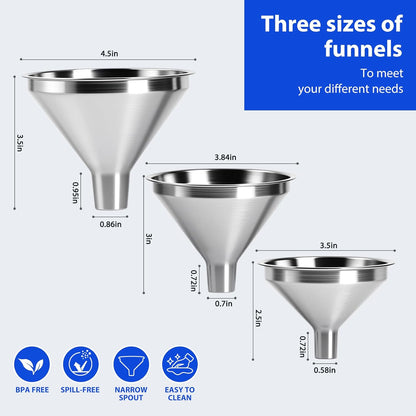 🔥4-Piece Stainless Steel Kitchen Funnel Set, Includes 3 Funnel Sizes and 1 Strainer