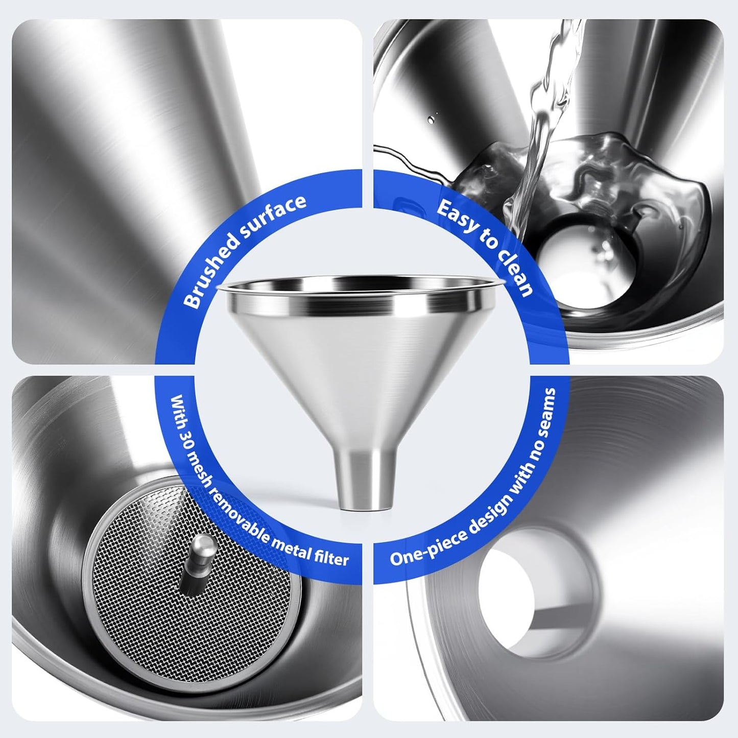🔥4-Piece Stainless Steel Kitchen Funnel Set, Includes 3 Funnel Sizes and 1 Strainer
