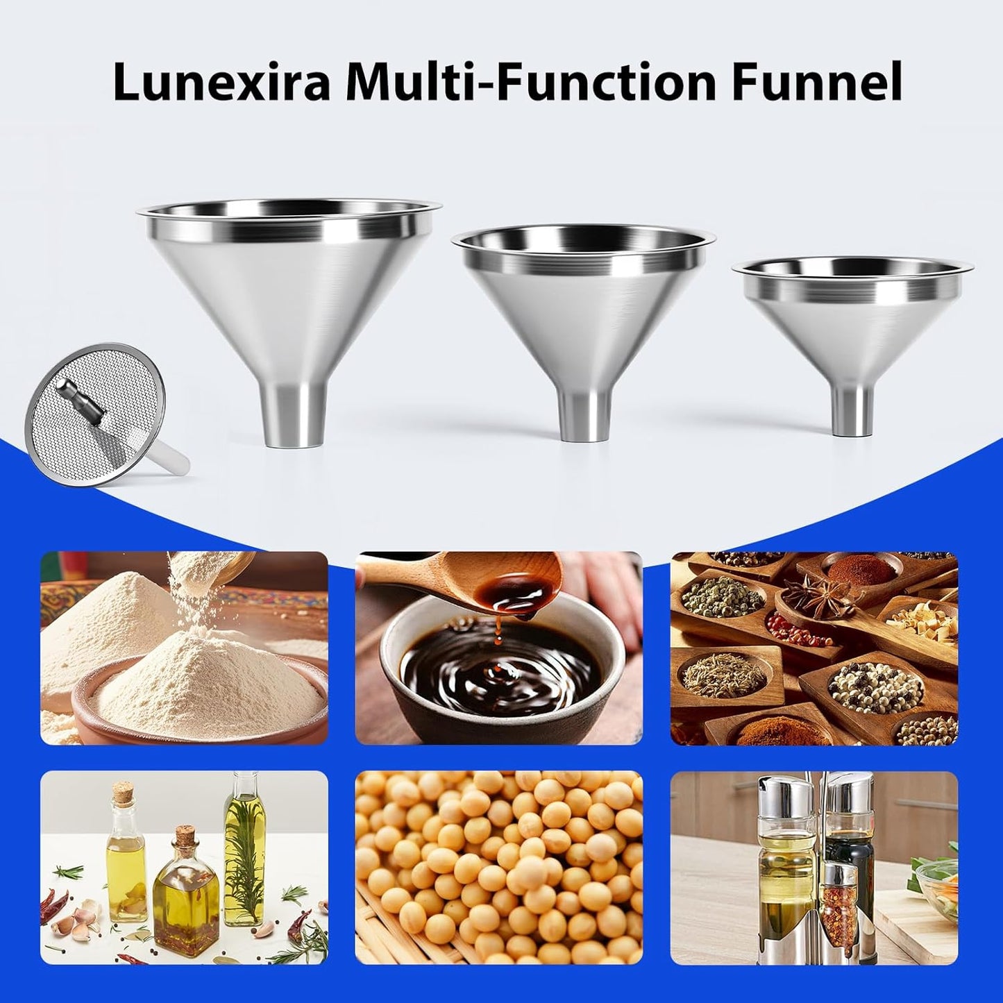 🔥4-Piece Stainless Steel Kitchen Funnel Set, Includes 3 Funnel Sizes and 1 Strainer