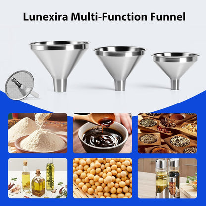 🔥4-Piece Stainless Steel Kitchen Funnel Set, Includes 3 Funnel Sizes and 1 Strainer