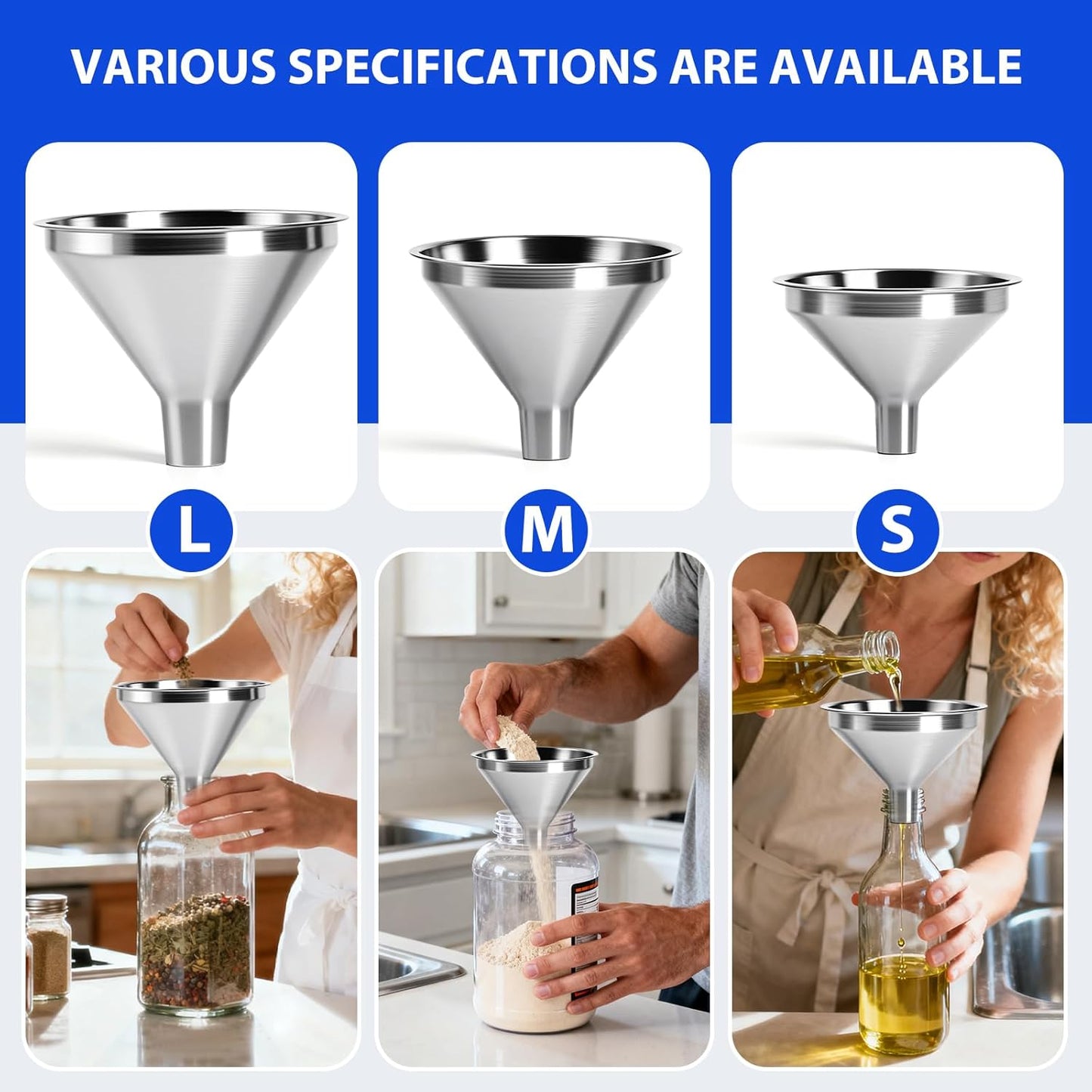 🔥4-Piece Stainless Steel Kitchen Funnel Set, Includes 3 Funnel Sizes and 1 Strainer