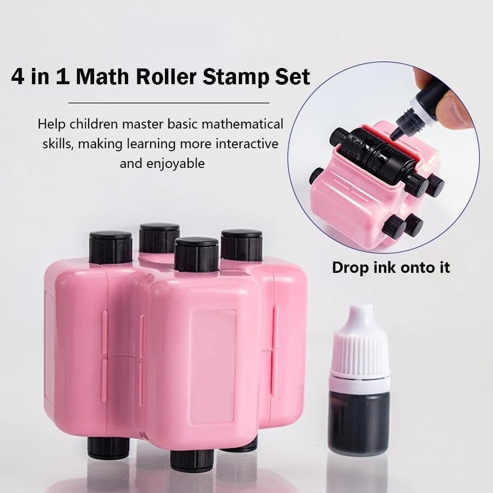 📒4-in-1 Math Roller Stamp, Roller Digital Teaching Stamps Addition, Subtraction, Multiplication & Fill-in-The-Blank Practice Tool