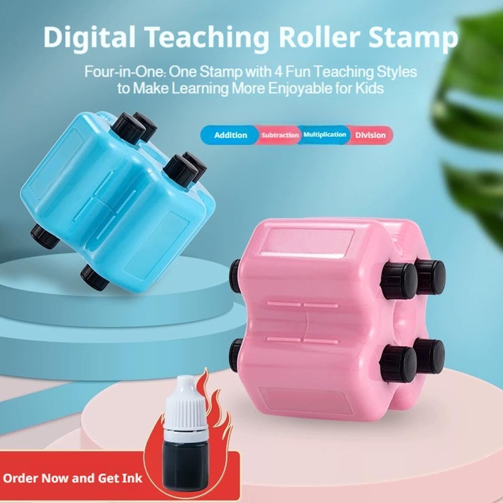 📒4-in-1 Math Roller Stamp, Roller Digital Teaching Stamps Addition, Subtraction, Multiplication & Fill-in-The-Blank Practice Tool