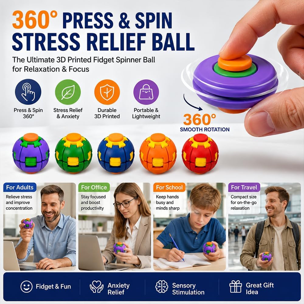 Fidget Spinner Decompression Ball, 360° Press & Spin Fidget Ball